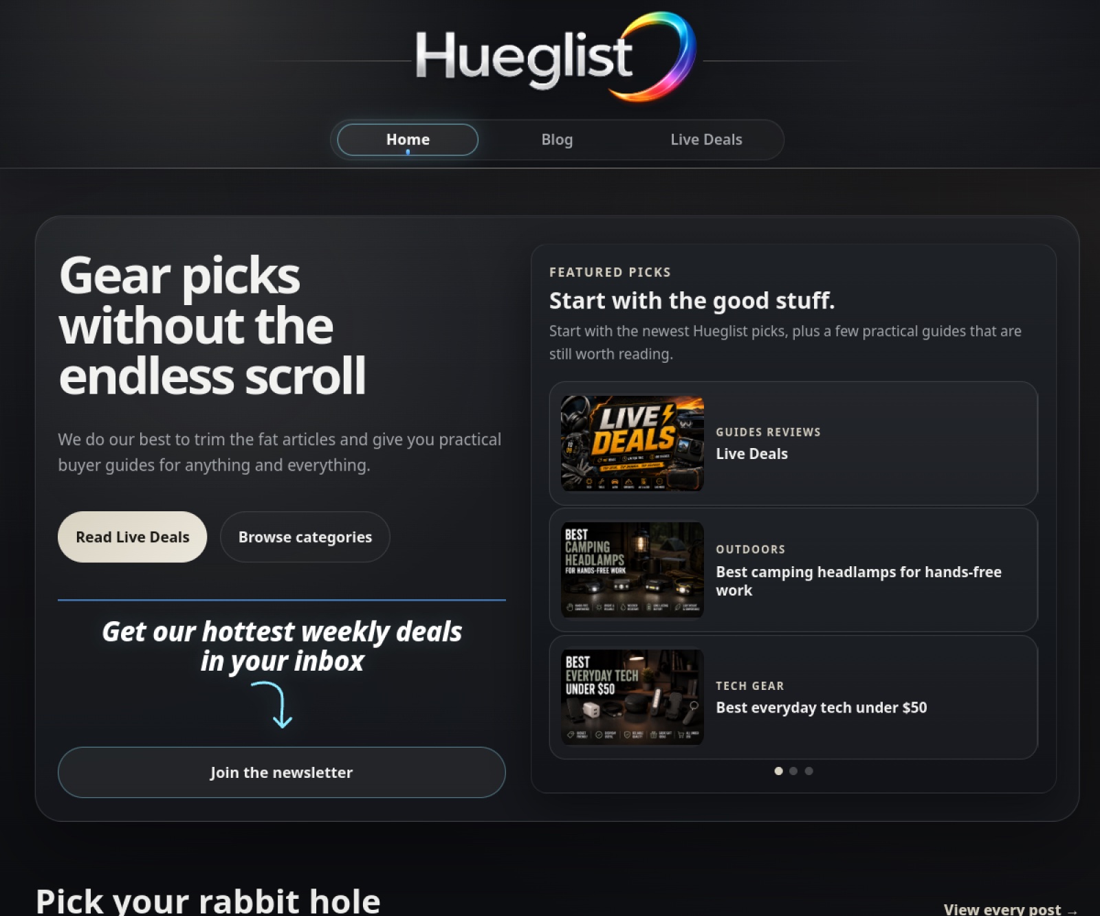 Rebuilt Hueglist blog homepage