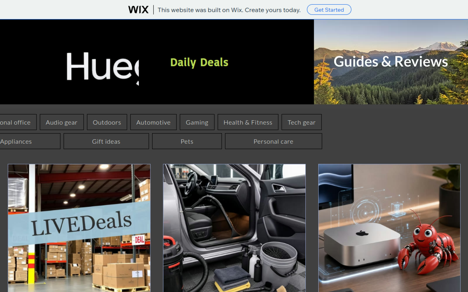 Original Hueglist Wix homepage with a crowded header, category buttons, and three-column article cards