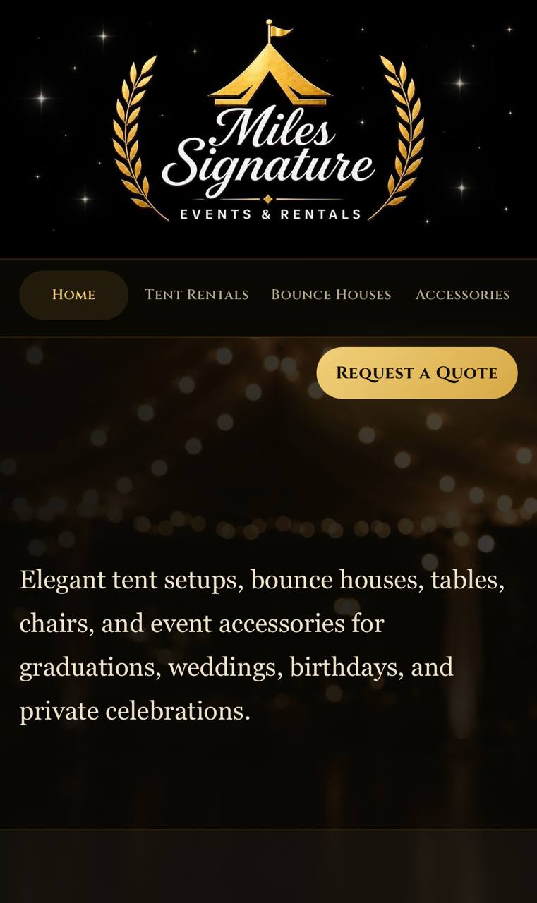 Mobile homepage for Miles Signature Events and Rentals